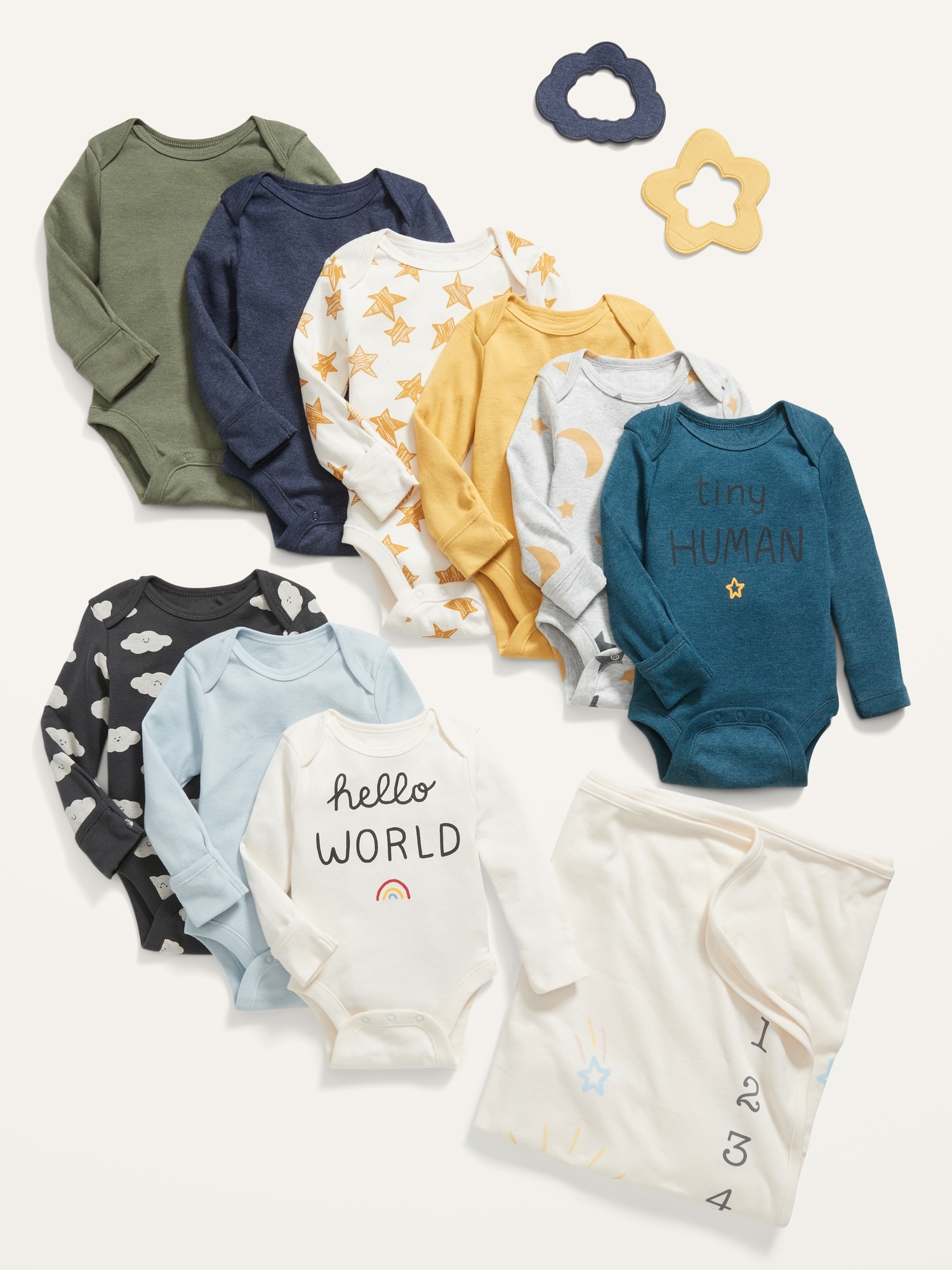 Old Navy Layette Baby Sets:12-Piece Grow-With-Me Milestone Set w/ Long-Sleeve Bodysuits $25, 5-Piece Holiday Set (NB or 0-3M) $9 + FS $50+