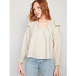 Old Navy: Women's Puff-Sleeve White-Wash Ruffle-Trimmed Smocked Jean Blouse (Ecru) $11, Women's Mid-Rise Pop Icon Skinny Jeans (Dark Wash) $12, &amp; More + Free Shipping $50+