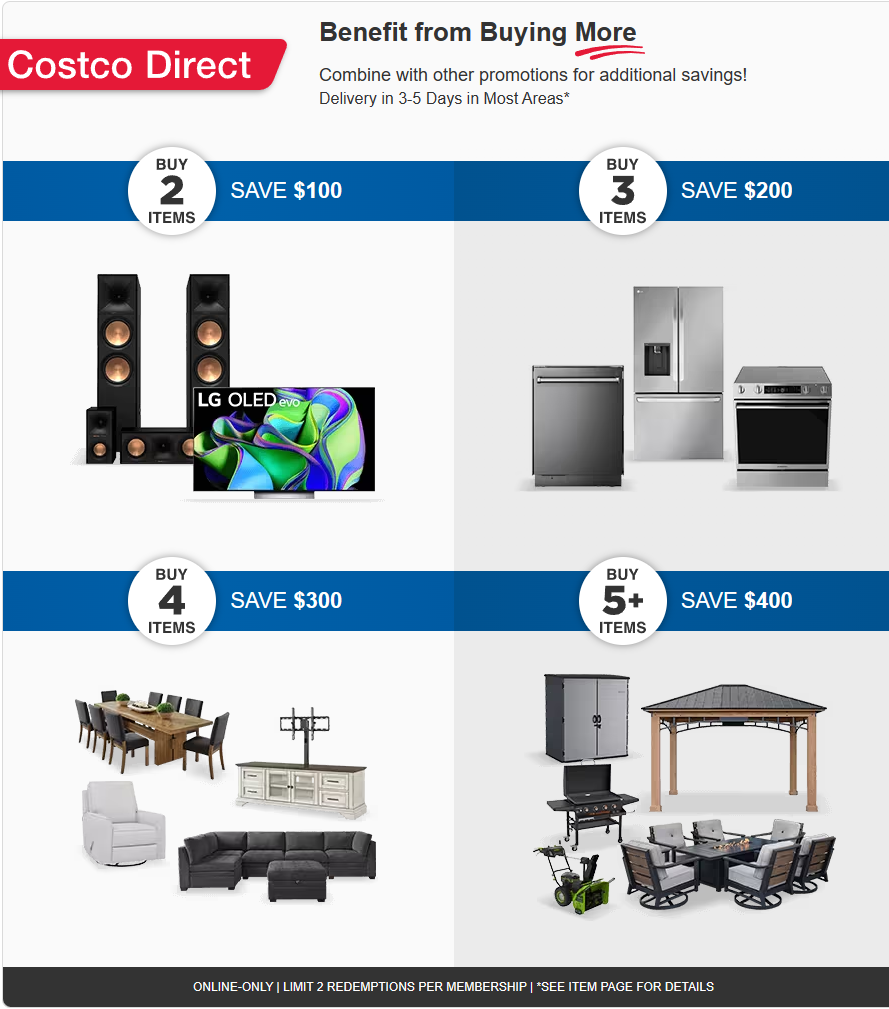 Costco Wholesale: Costco Direct Items Buy 2 Save $100, Buy 3 Save $200, Buy 4 Items Save $300 & More + Free Shipping