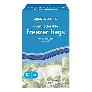 120-ct Amazon Basics Stand & Fill Freezer Double Zipper Quart Bags .20 w/ Subscribe & Save