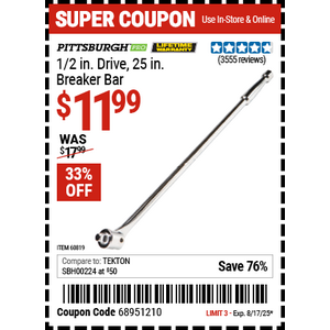 Harbor Freight: 25" PITTSBURGH Pro Drive 1/2" Drive Breaker Bar $12 (In-Stores/Online)