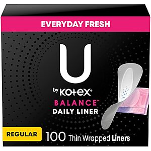 100-Count U by Kotex Balance Daily Panty Liners (Regular, Thin Wrapped) .50 w/ Subscribe & Save