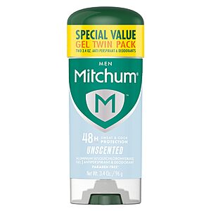 2-Count Mitchum Men's 48Hr Triple Odor Protection Antiperspirant & Deodorant Gel (Unscented) $4.40 w/ S&S + Free Shipping w/ Prime or on $35