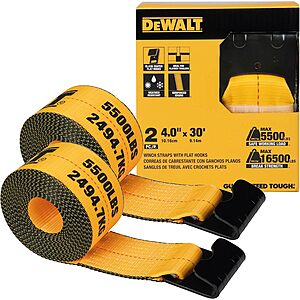 DEWALT 4" x 30' Winch Straps w/ Flat Hooks, 5,500-lb Safe Working Load: 2-Pack $23.50, Single $16.62 + Free Shipping w/ Prime or on $35+