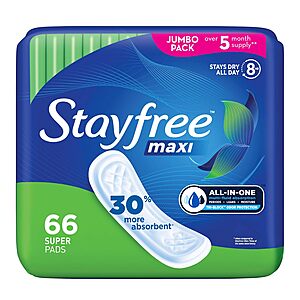 66-Count Stayfree Maxi Super Wingless Menstrual Pads w/ S&S + Free Shipping w/ Prime or on +