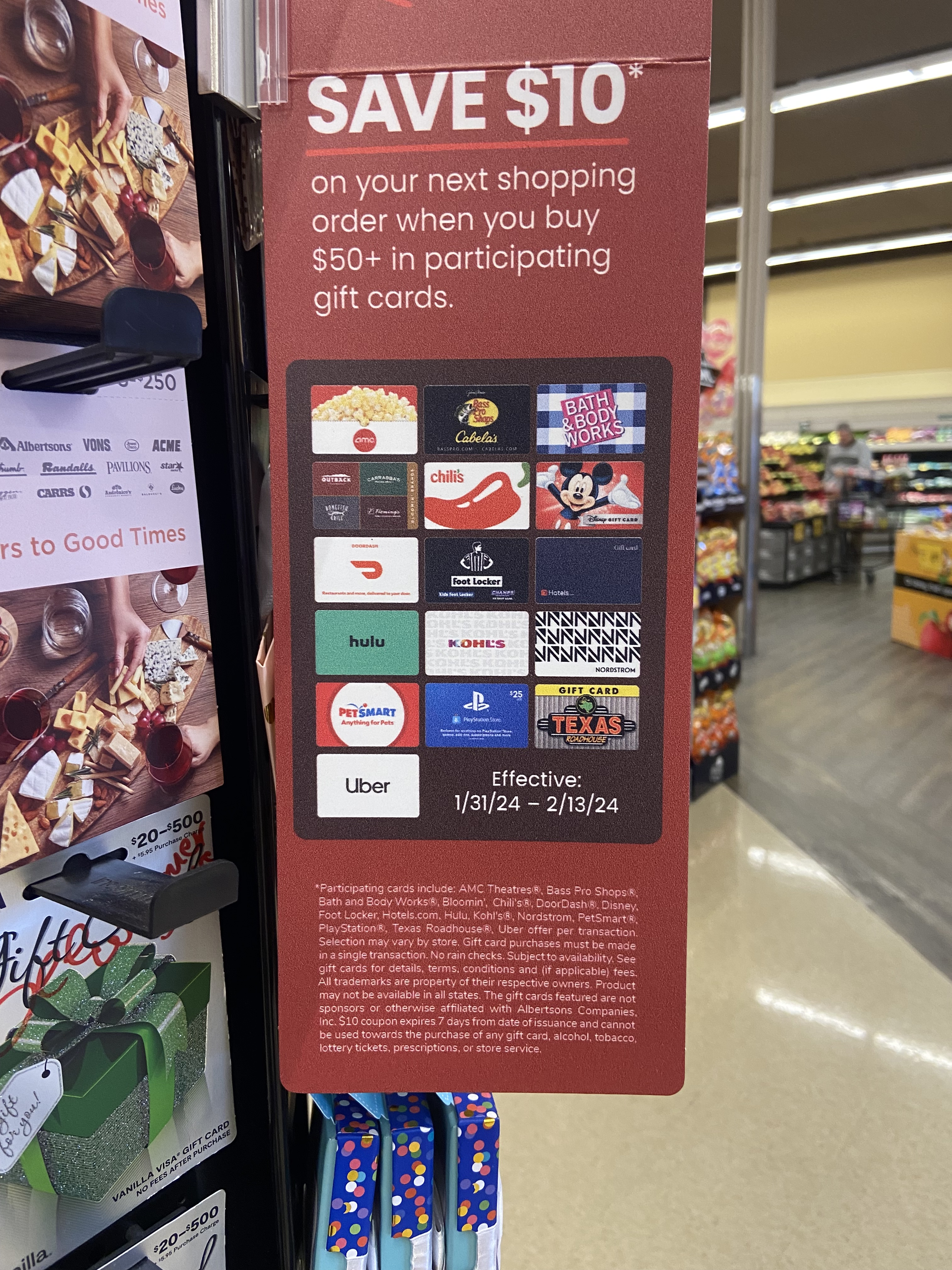 Gift Card Deal: Get $10 coupon wyb $50 Select Gift Cards in-store Albertsons/Safeway/Vons (YMMV)