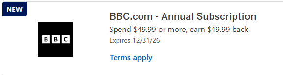 Amex Offer: BBC.com - Annual Subscription Spend $49.99 or more, earn $49.99 back YMMV