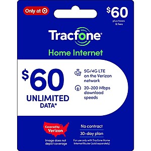 Tracfone Unlimited Home Internet $60 30 Day Phone Gift Card (Email Delivery) + more $45