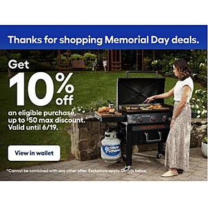 Lowe's My Rewards Members: 10% off eligible puchase ($50 max) YMMV