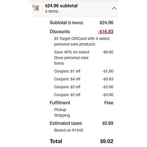 Circle 360 members: $5 Target GC + Dove Shampoo, Hand Wash, Deodorant, Body Wash $8.13