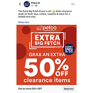 Petco Online Only: Extra 50% off clearance