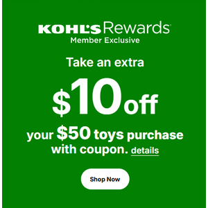 Kohls $10 off $50 Toys coupon + more