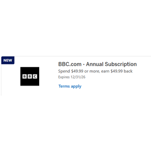Amex Offer: BBC.com - Annual Subscription Spend $49.99 or more, earn $49.99 back YMMV