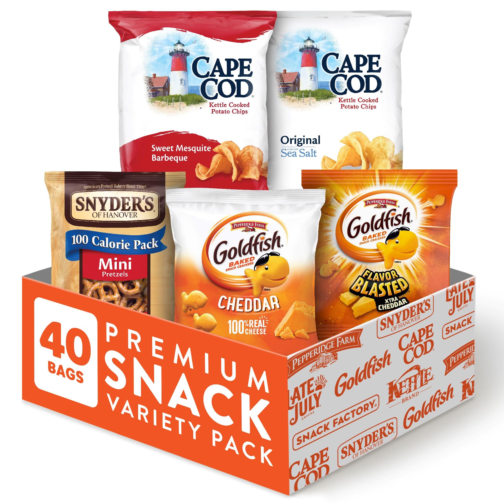 40-Count Snack Variety Pack: Goldfish Crackers, Snyder's of Hanover Pretzels, and Cape Cod Potato Chips $16.64