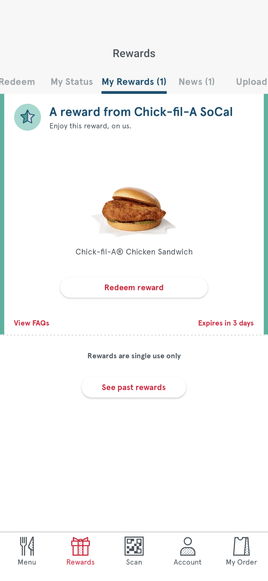 Select SoCal Residents Only: Chick-fil-A App: Free Original Chicken Sandwich (Expires 2 Days after Claiming Reward)