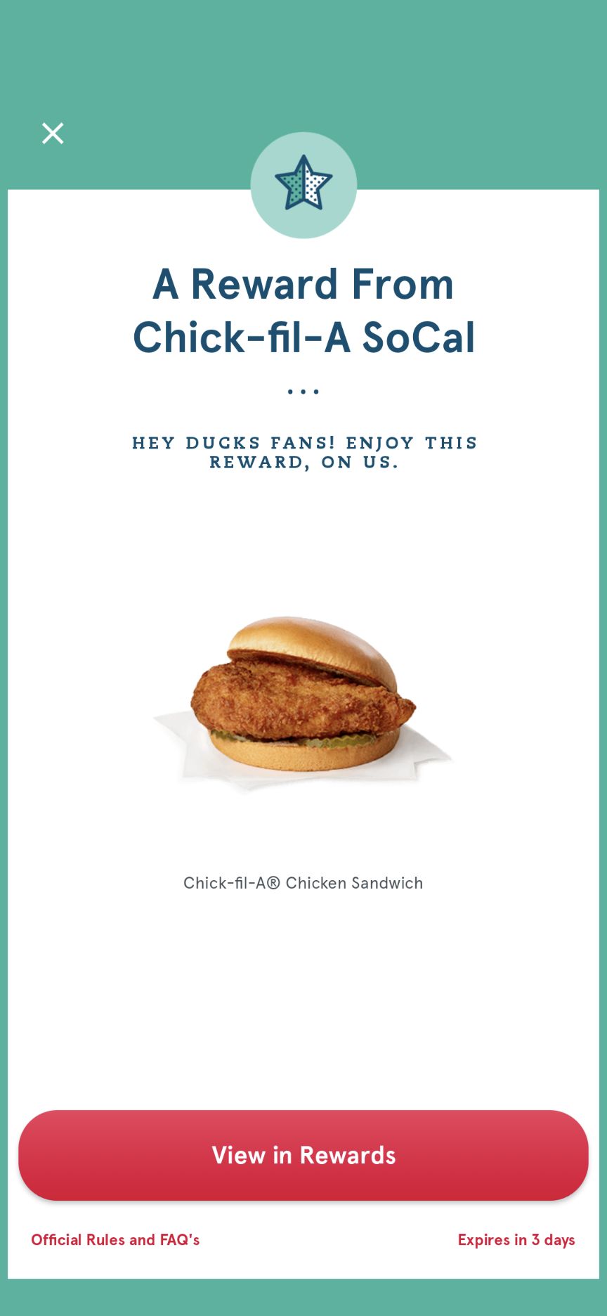 Select SoCal Residents Only: Chick-fil-A App: Free Original Chicken Sandwich (Claim Reward by 10:30AM, Then Redeem Reward by Tue)