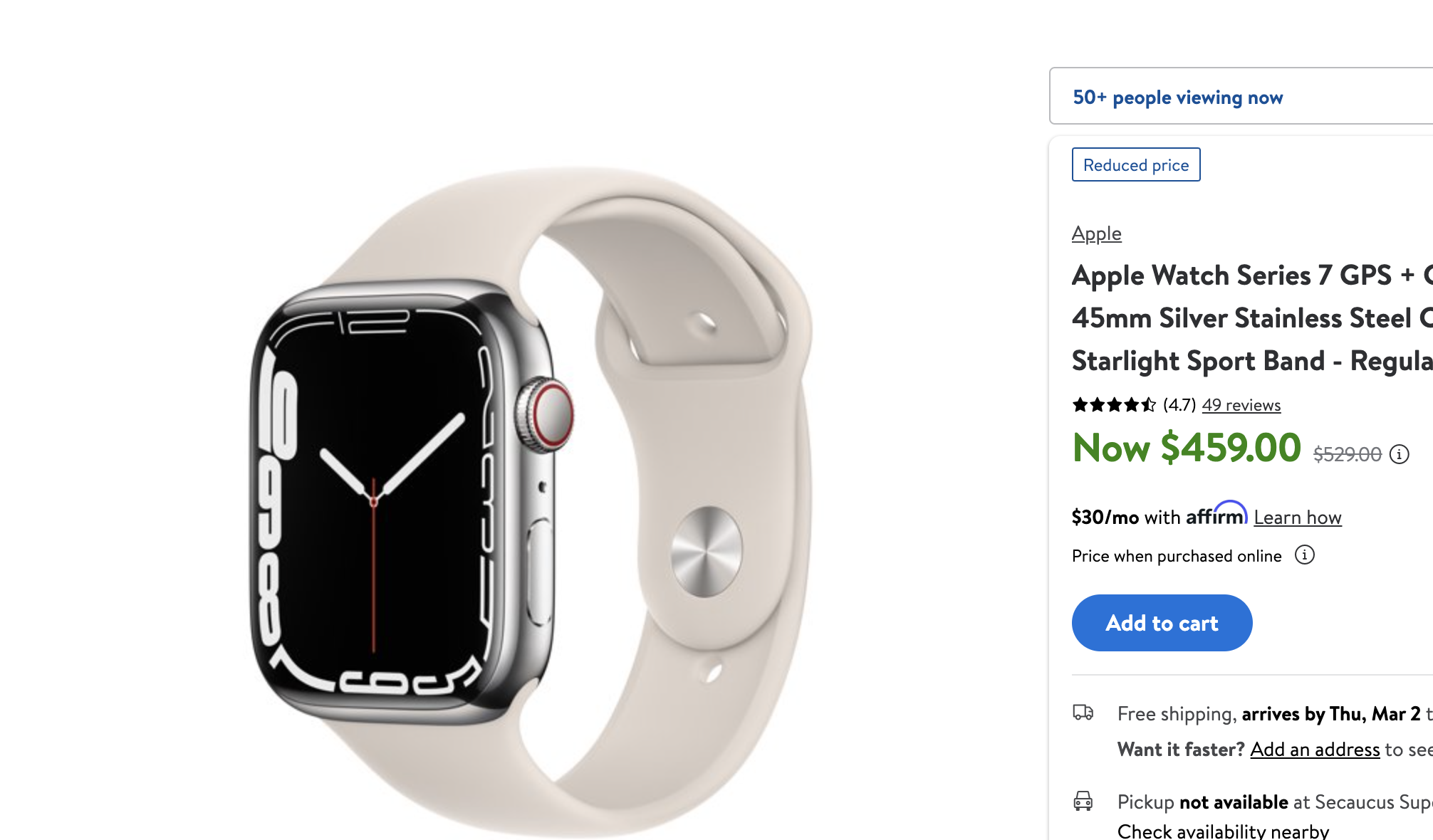 Walmart | Apple Watch Series 7 GPS + Cellular, 41mm and 45mm Stainless Steel watches | All colors on sale