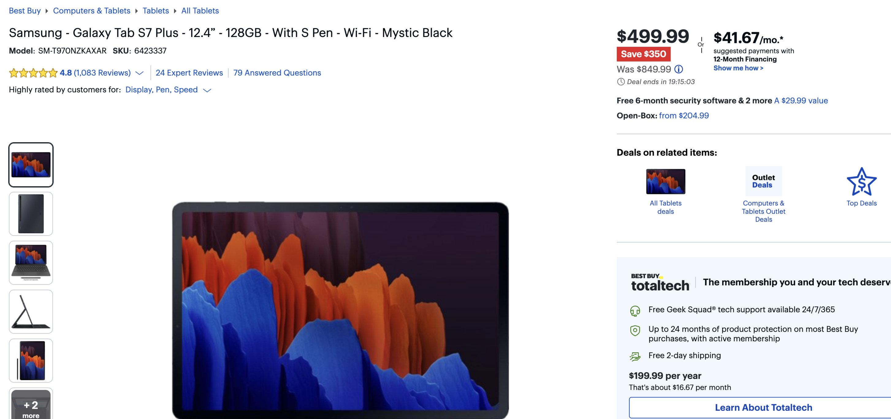 Bestbuy | Deal of the day | Samsung - Galaxy Tab S7 Plus - 12.4” - 128GB - With S Pen - Wi-Fi - Mystic Black $499