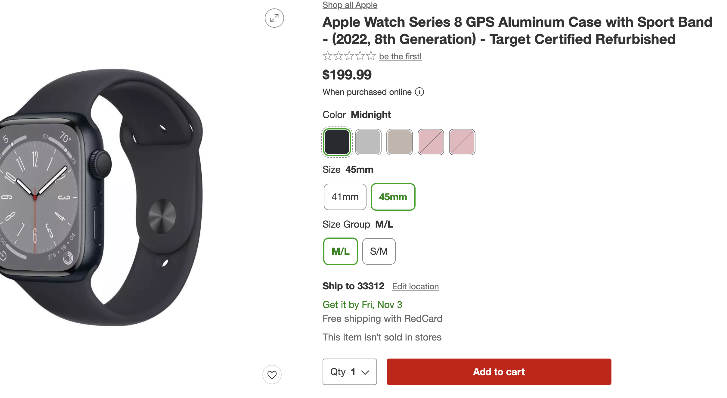 Apple Watch Series 8 GPS 41mm Aluminum Case w/ Sport Band (Target Certified  Refurb)