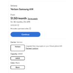 WALMART | Verizon Samsung A14 64GB - $48 ($1.5*36) | New or Existing Postpaid account only | unlock in 60 days
