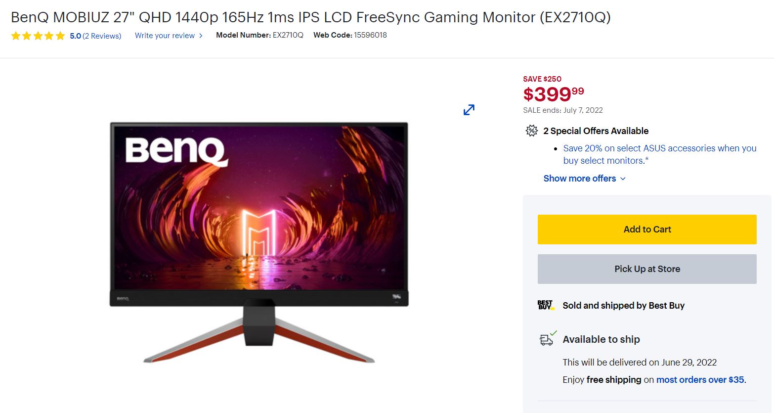 [$250 off on best buy.ca]BenQ MOBIUZ 27" QHD 1440p 165Hz 1ms IPS LCD FreeSync Gaming Monitor (EX2710Q) $399.99