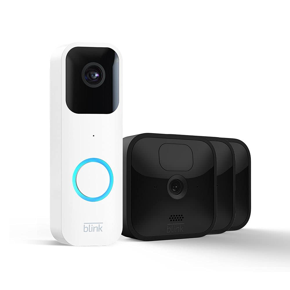 Blink Video Doorbell + 3 Outdoor camera system with Sync Module 2 | Two-way audio, HD video, motion and chime app alerts and Alexa enabled — wired or wire-free (White) $139.98