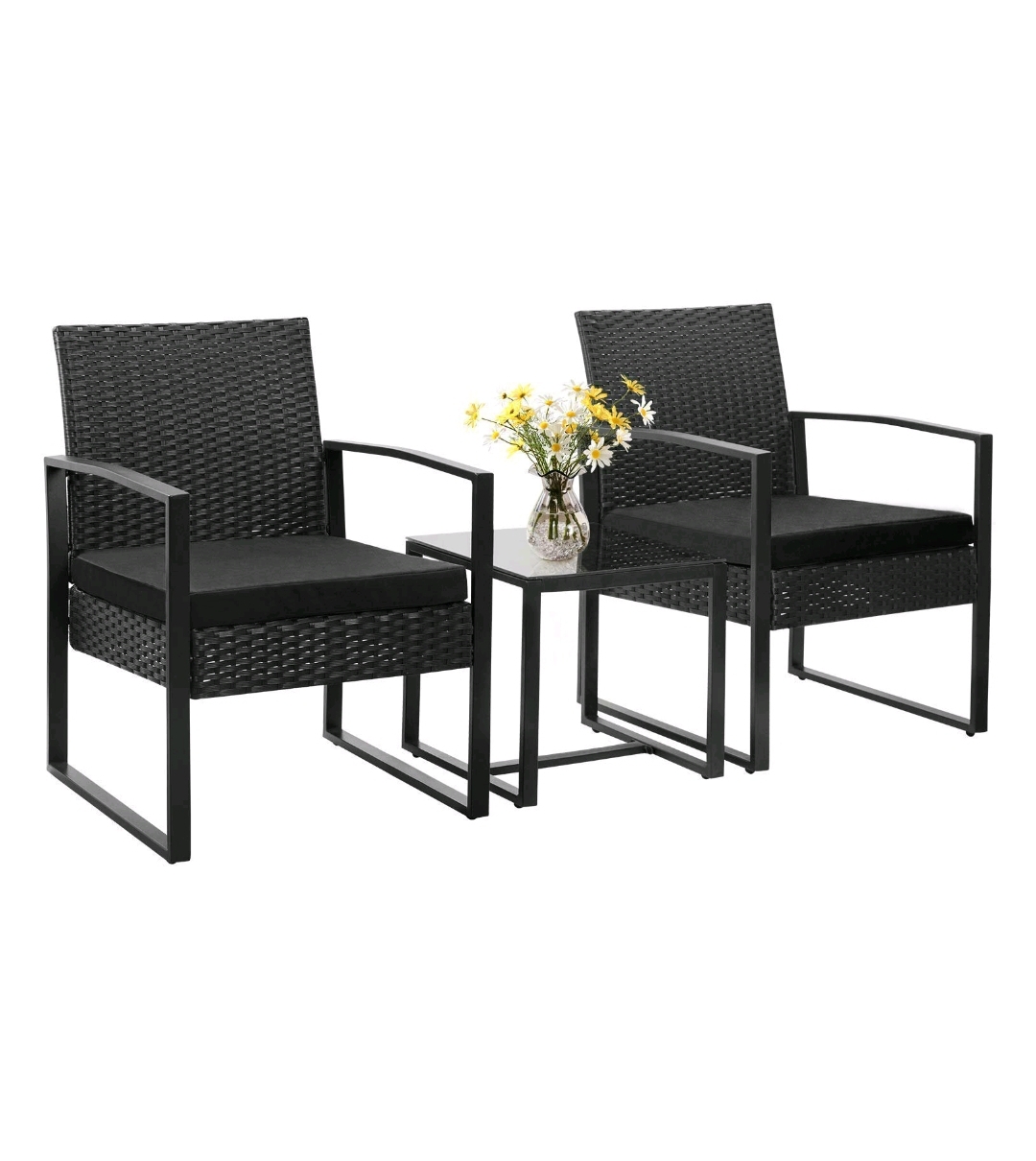 Walnew Rattan Bistro Patio 3 piece set of 2 Cushioned Chairs with table $124.99