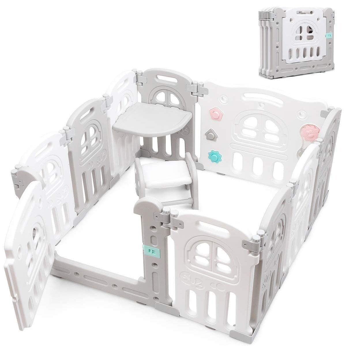 10-Panel Foldable Kids Playpen w/ Table & Stool (Gray & White) $60.80 + Free Shipping