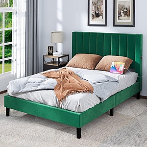 YITAHOME Queen Velvet Upholstered Bed Frame w/ USB Ports (Green) $80 + Free Shipping
