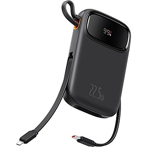 Baseus Portable Power Bank w/ Built-in Retractable USB-C & Lightning Cables, 10000mAh PD 22.5W (Black or White) $  18 + Free Shipping w/ Prime or $  35+ orders