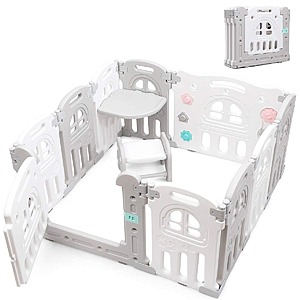 10-Panel Foldable Kids Playpen w/ Table & Stool (Gray & White) $60.80 + Free Shipping