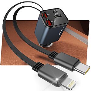 Prime Members: 65W RAMPOW 4-in-1 Retractable USB-C + Lightning Car Charger  $10 + Free Shipping