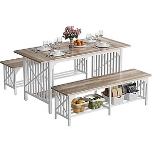 3-Piece DWVO 63" Dining Table Set w/ Storage Benches for 4-6 People (Washed Gray) $102 + Free Shipping