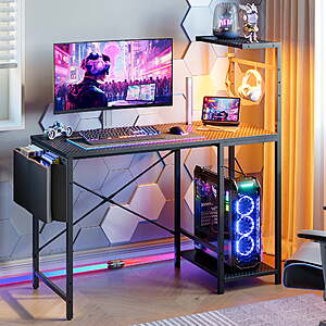 44'' Bestier Computer Desk w/ RGB Lights, 3-Tier Storage & Reversible Shelves (Black)  + Free Shipping