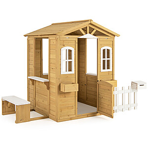 Costway Kids Outdoor Wood Playhouse w/ Bench, Serving Station, Planters & Mailbox $199 + Free Shipping
