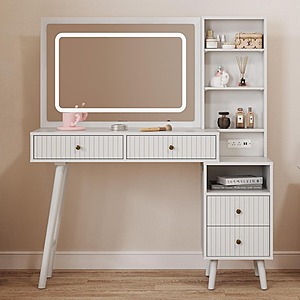 RoyalCraft 48" Fluted Makeup Vanity Desk w/ 34" Mirror, Lights & Charging Station (White) $120 + Free Shipping