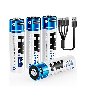 4-Pack HW AA USB-C Rechargeable 1.5V 3600mWh Lithium Batteries w/ 4-in-1 Cable $11.25 or less 