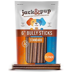 25-Pack 6" Jack&Pup Standard Bully Sticks $28.35 w/ S&S + Free S&H