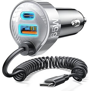 Lisen 35W PD + 30W QC 3.0 Car Charger Adapter w/ 48" 30W Coiled Cable $8 & More