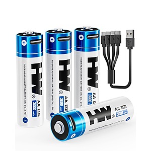 Prime Members: 4-Pk HW AA USB-C Rechargeable 1.5V 3600mWh Lithium Batteries $10.80 
