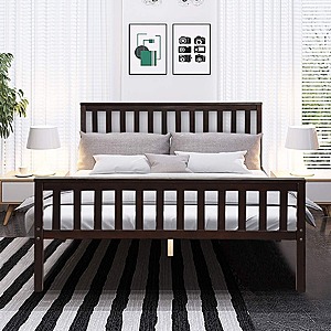 Giantex Queen Solid Pine Wood Platform Bed Frame w/ Headboard & Footboard (Espresso) $80 + Free Shipping