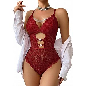 Avidlove Women's One-Piece Lace Lingerie w/ Removable Chain & Rhinestone Cutout $5 