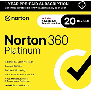 1-Yr Norton 360 Platinum 2026 Antivirus Software (20-Devices, Digital Download)