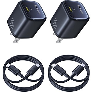 2-Pk 45W Baseus USB-C Charger Block w/ 3.3' USB-C Cable