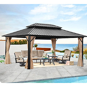 12 x 16' Ainfox Steel Double Roof Hardtop Gazebo w/ Curtains & Netting $780 + Free S&H