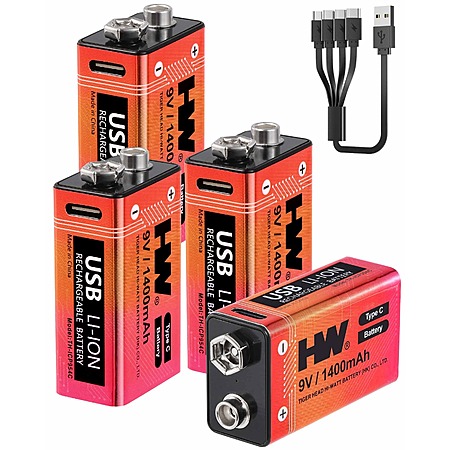 Prime Members: HW 4-Pack 9V 1400mAh USB-C Rechargeable Lithium Batteries w/ Cable $12.99 + Free Shipping $13