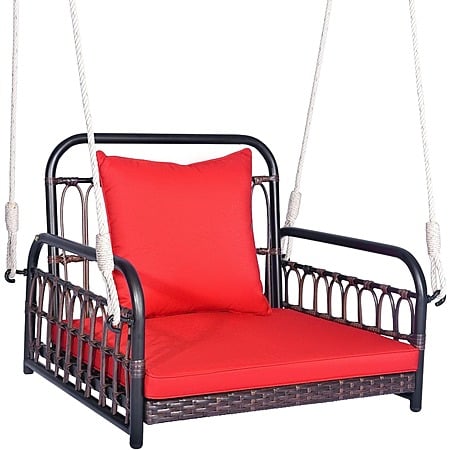 Tangkula Patio Wicker Porch Swing w/ Cushions, Metal Frame & 2x Hanging Ropes (Up to 400 lbs, Red) $50 + Free Shipping