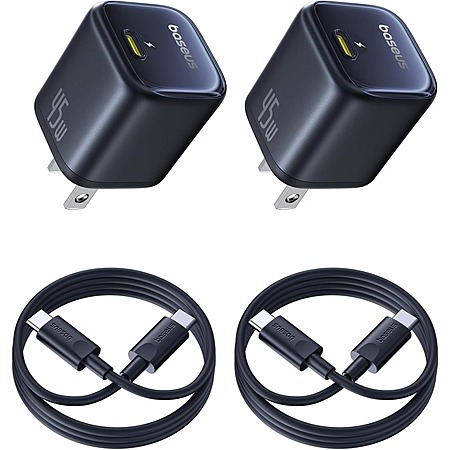 2-Pk 45W Baseus USB-C Charger Block w/ 3.3' USB-C Cable