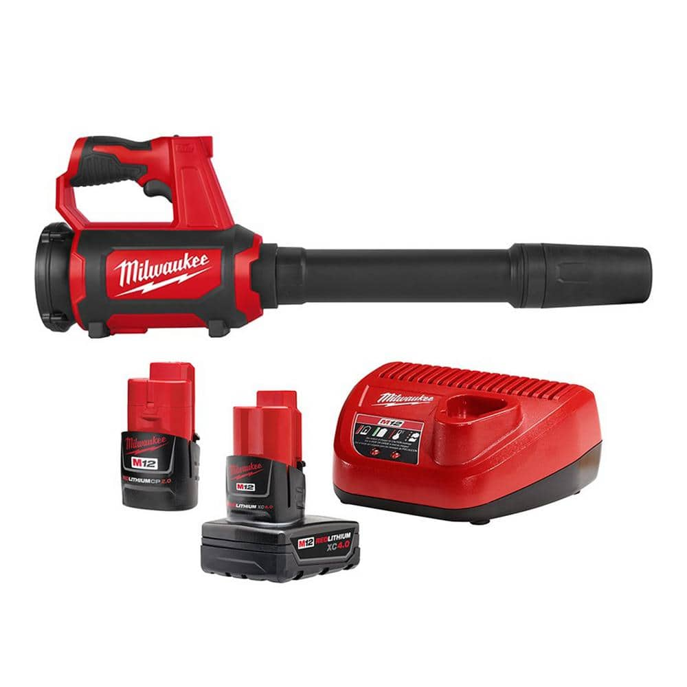 Milwaukee M12 12-Volt Lithium-Ion 4.0 Ah and 2.0 Ah Battery Packs and Charger Starter Kit w/ Compact Spot Blower 48-59-2424-0852-20 - The Home Depot $119.99