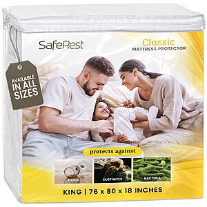 SafeRest Waterproof Mattress Protector King Size – Absorbent Breathable Soft Fitted Bed Cover with 18" Deep Stretchable Pockets – Machine Washable King Mattress Cover $19.99